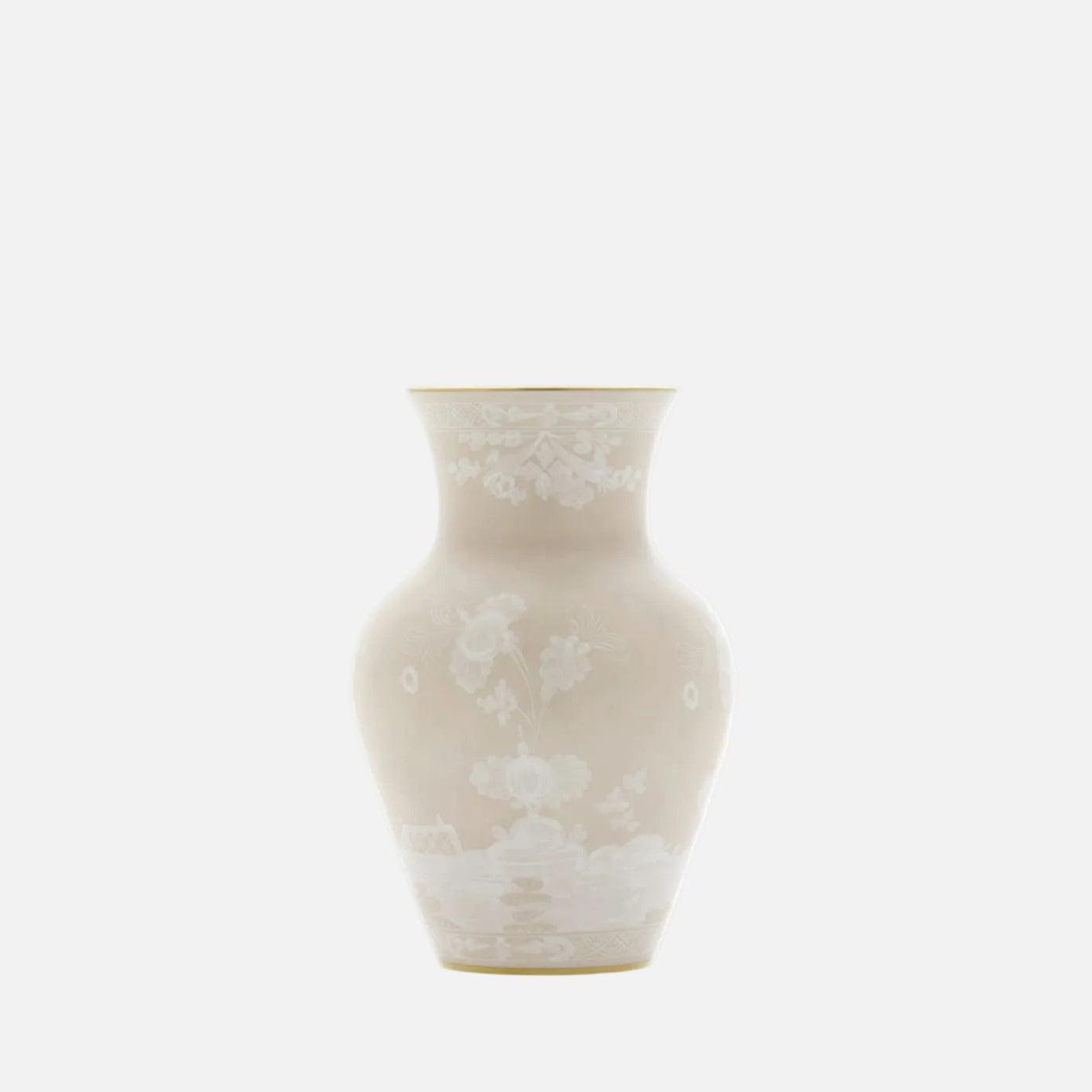 A classic ceramic vase with a flared neck and bulbous body, featuring a delicate white floral and landscape pattern on a warm cream-colored glaze, set against a solid white background.