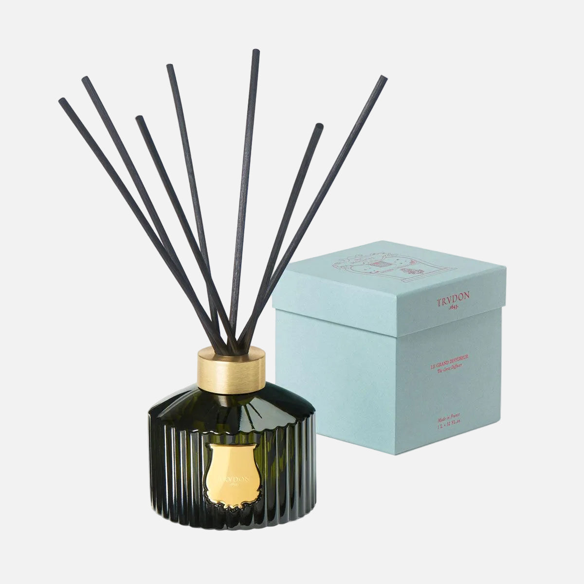Diffuser with black sticks and gold accents next to its packaging on a light gray background