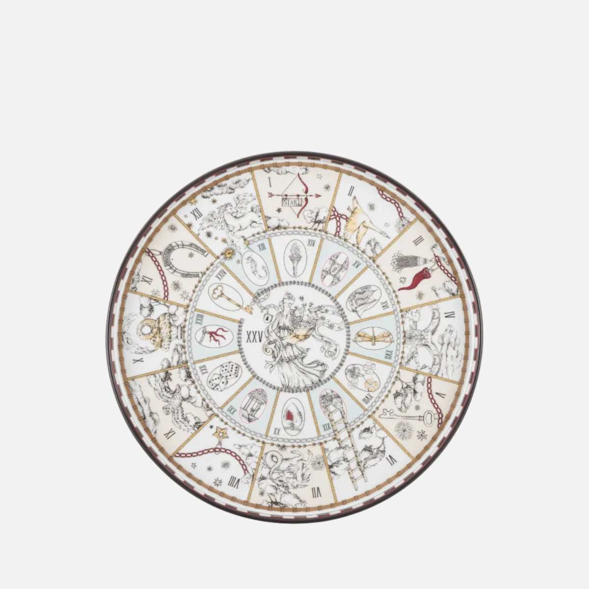 A round decorative plate featuring an intricate astrological zodiac wheel design with Roman numerals, celestial symbols, and fine gold and red detailing on a white background.