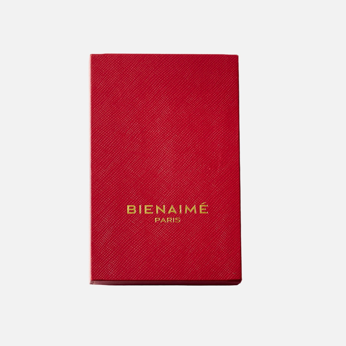 Red notebook with 'BIENAIME PARIS' embossed on a white background