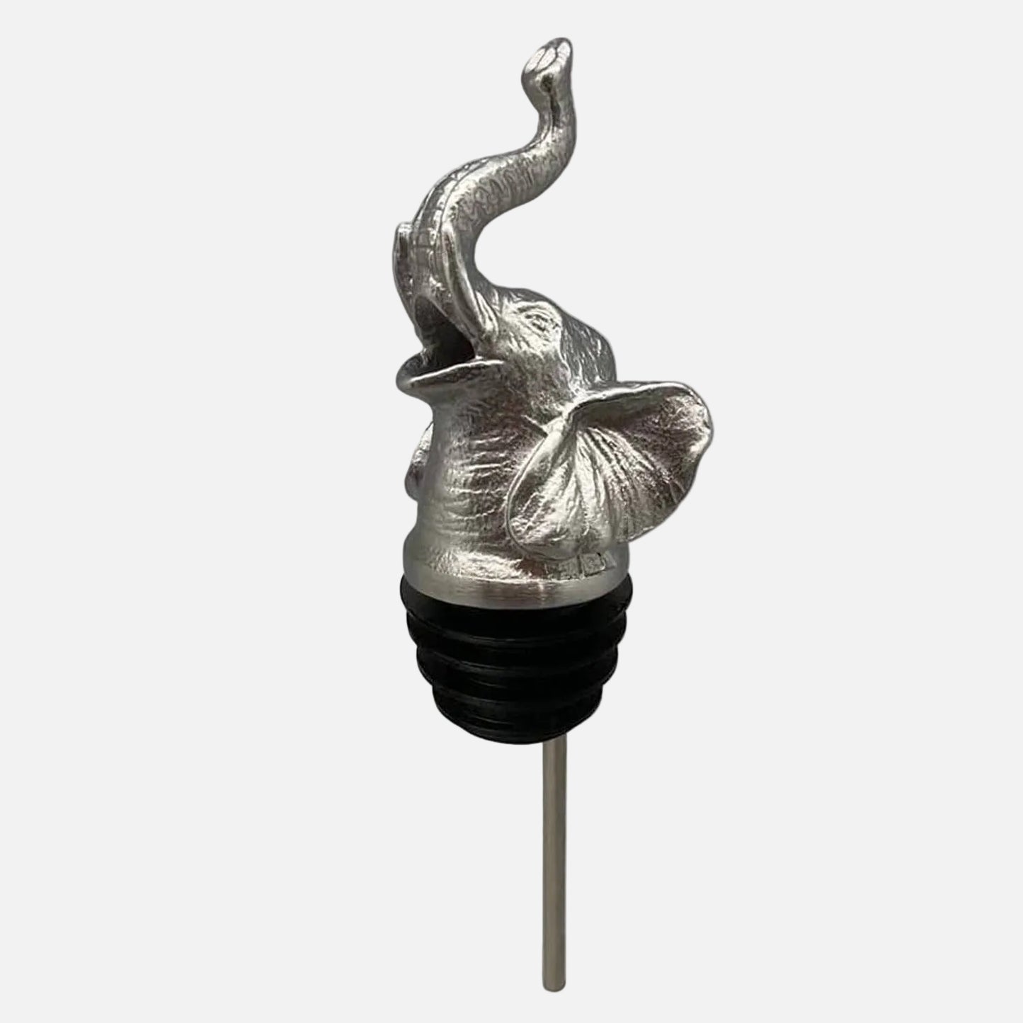 Silver elephant-shaped bottle stopper on a white background