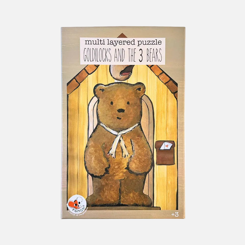 Packaging of a multi-layered puzzle titled 'Goldilocks and the 3 Bears' with a bear illustration on a white background.