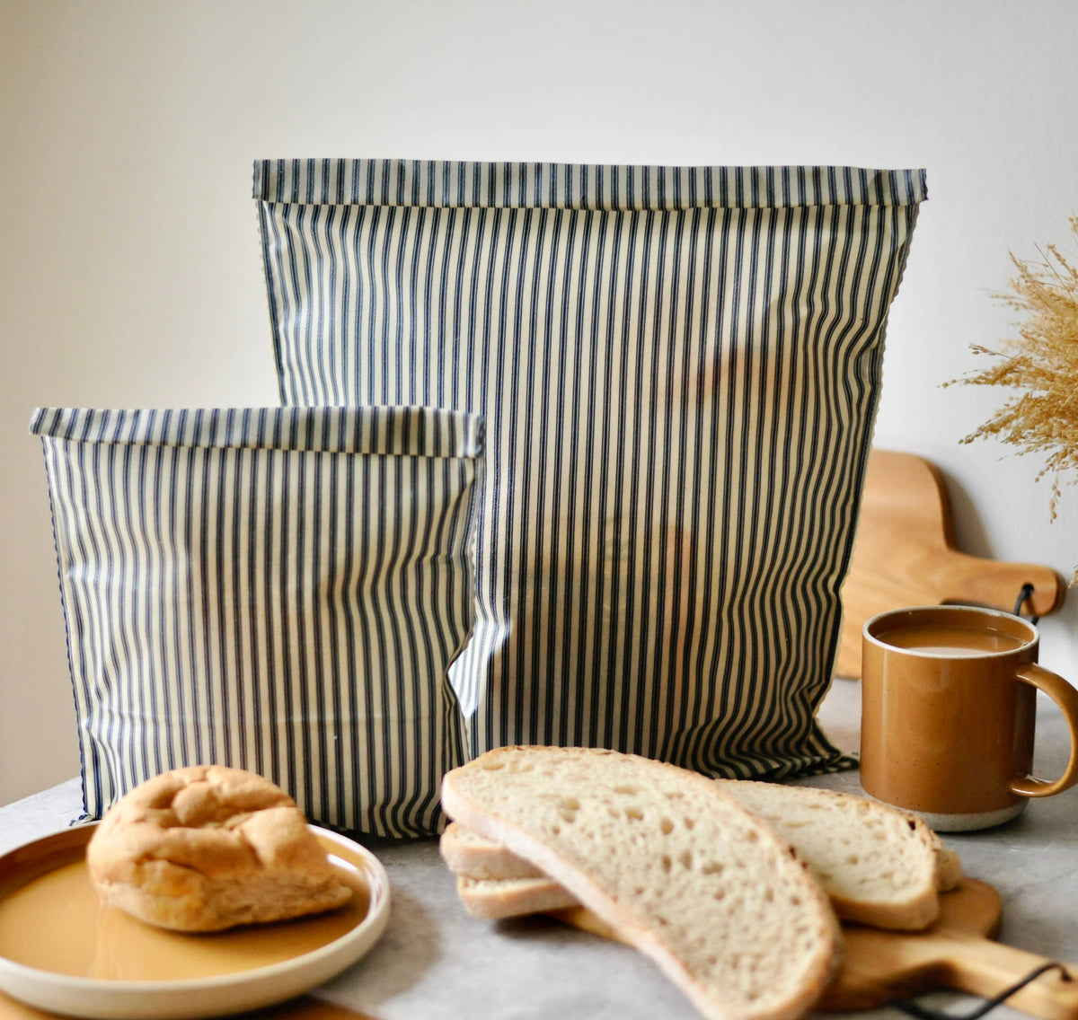 Lightweight Cotton Navy Striped French-Inspired Beeswax Bag: Medium 14 x 11"