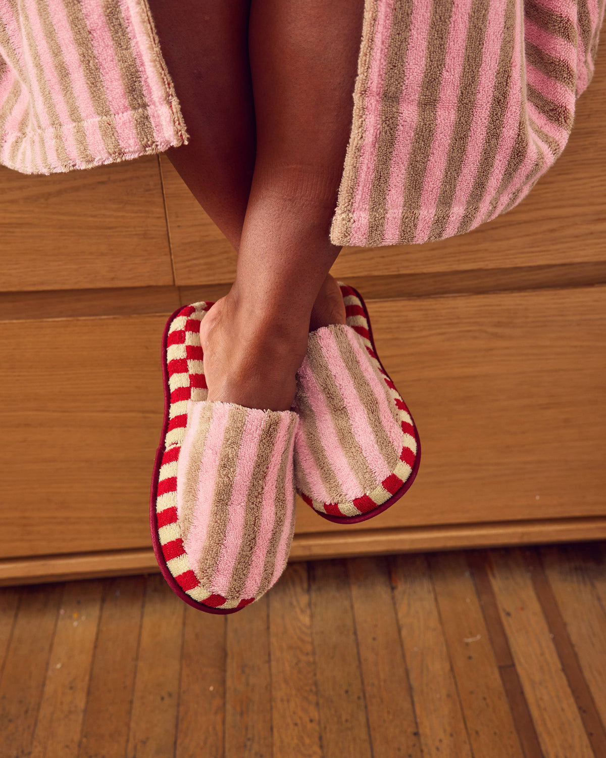 Ladybug Stripe Terry Slippers: L-XL