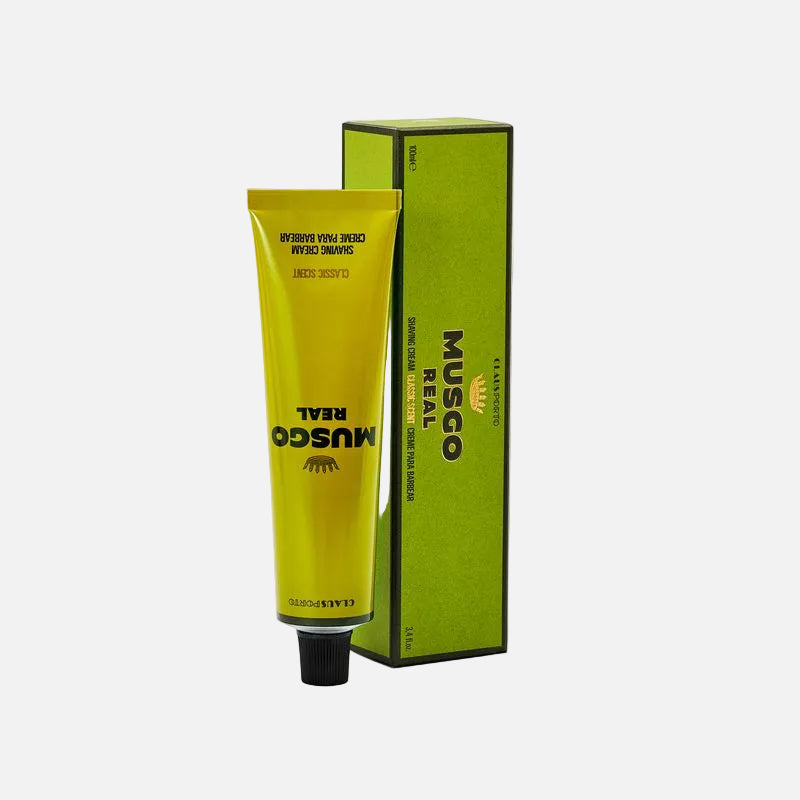 Yellow tube and green box of Musgo Real grooming product on a white background