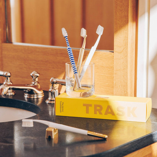 Bathroom counter with toothbrushes in a glass, paper towels, and a trash can.