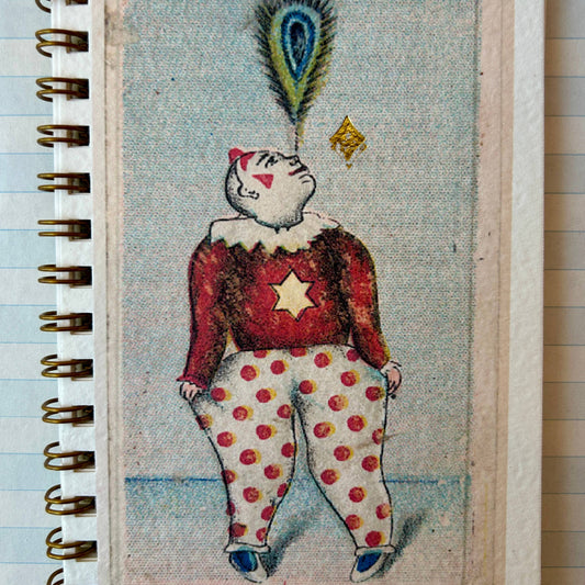 Notebook with a cat in a clown costume illustration on the cover