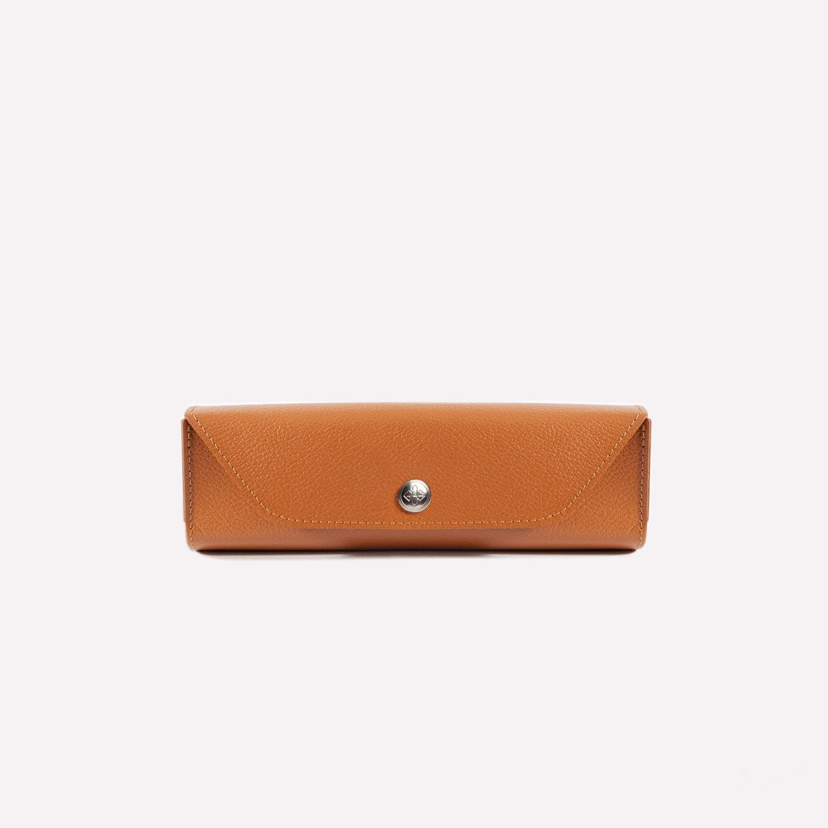 Brown leather case with a silver button on a white background