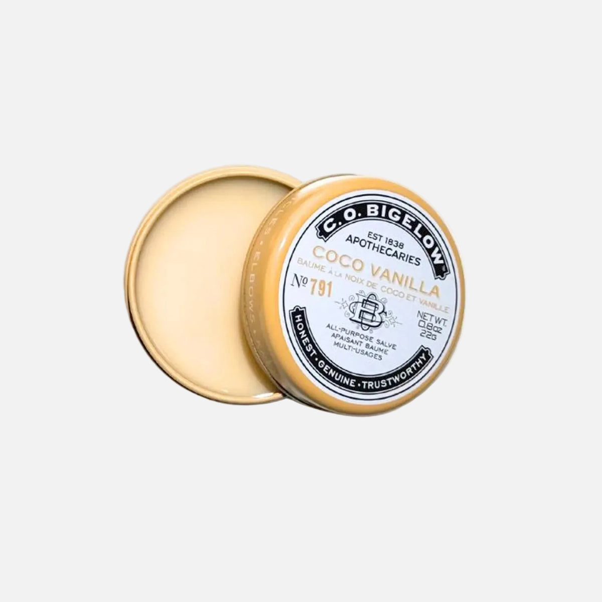 An open round metal tin of C. O.