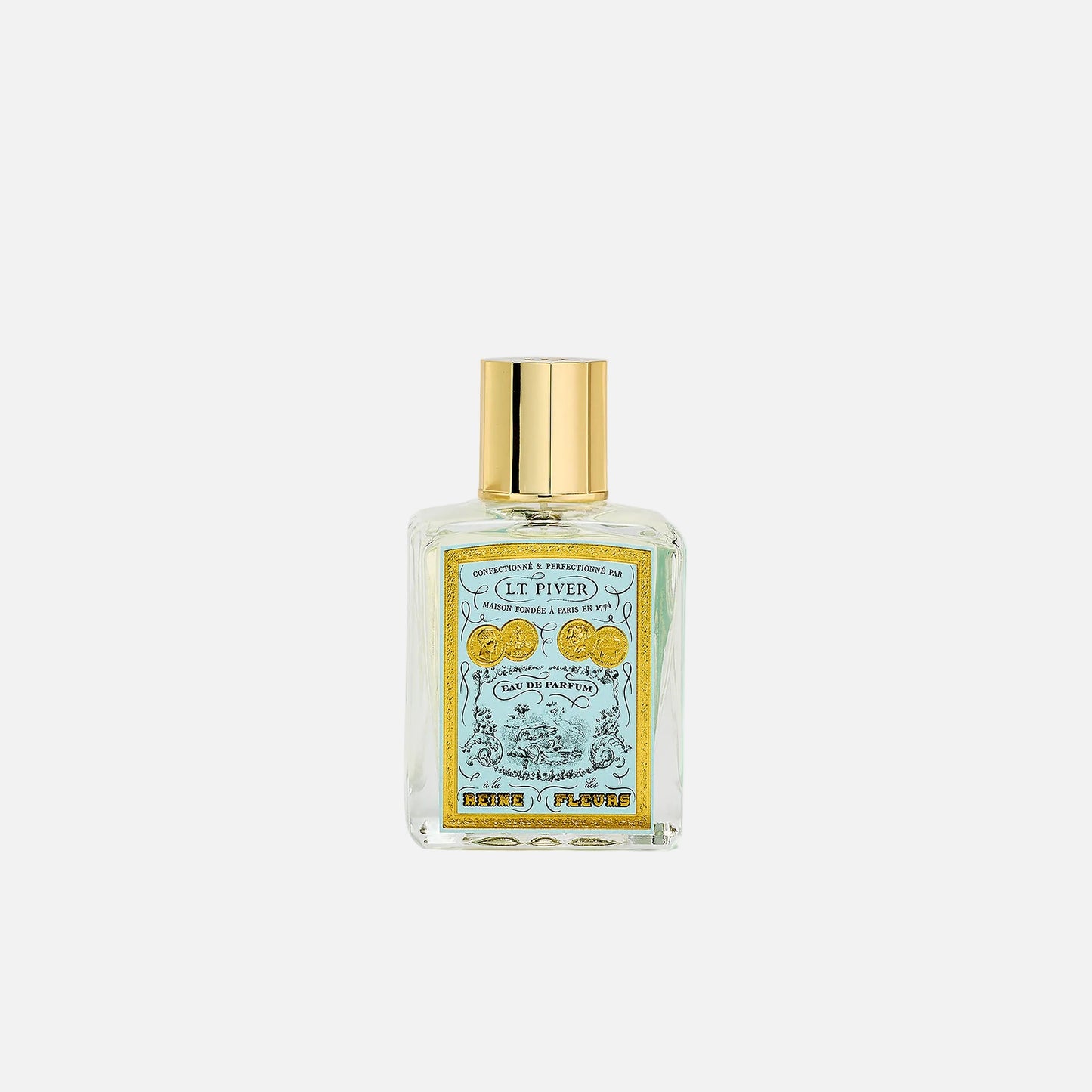 Perfume bottle with gold cap on a white background