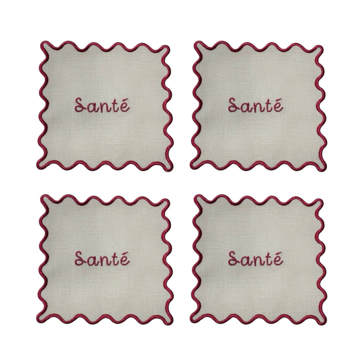 Sante Embroidered Scallop Linen Cocktail Napkins - Set of 4