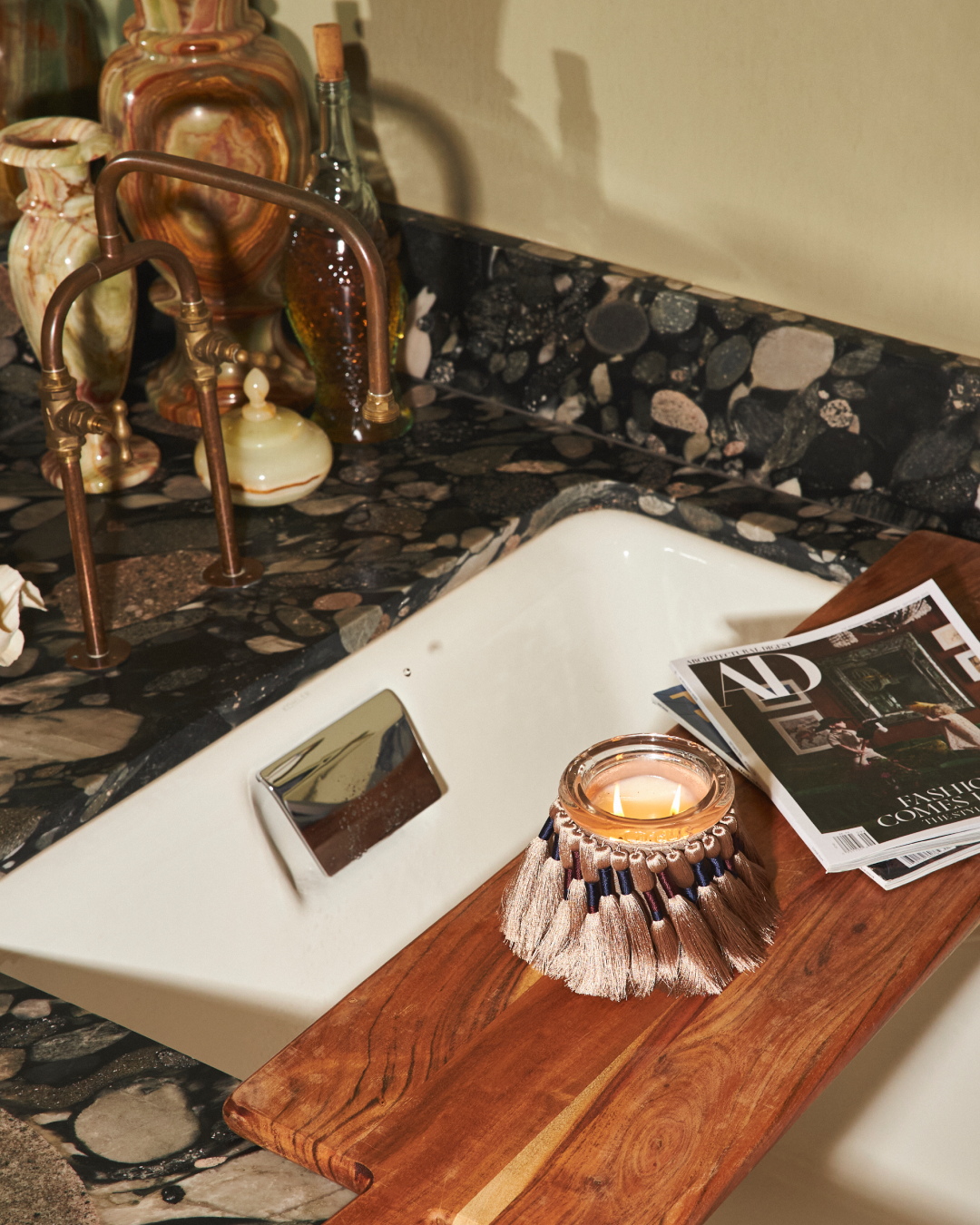 Fuzzed Wheat candle styled on marble
