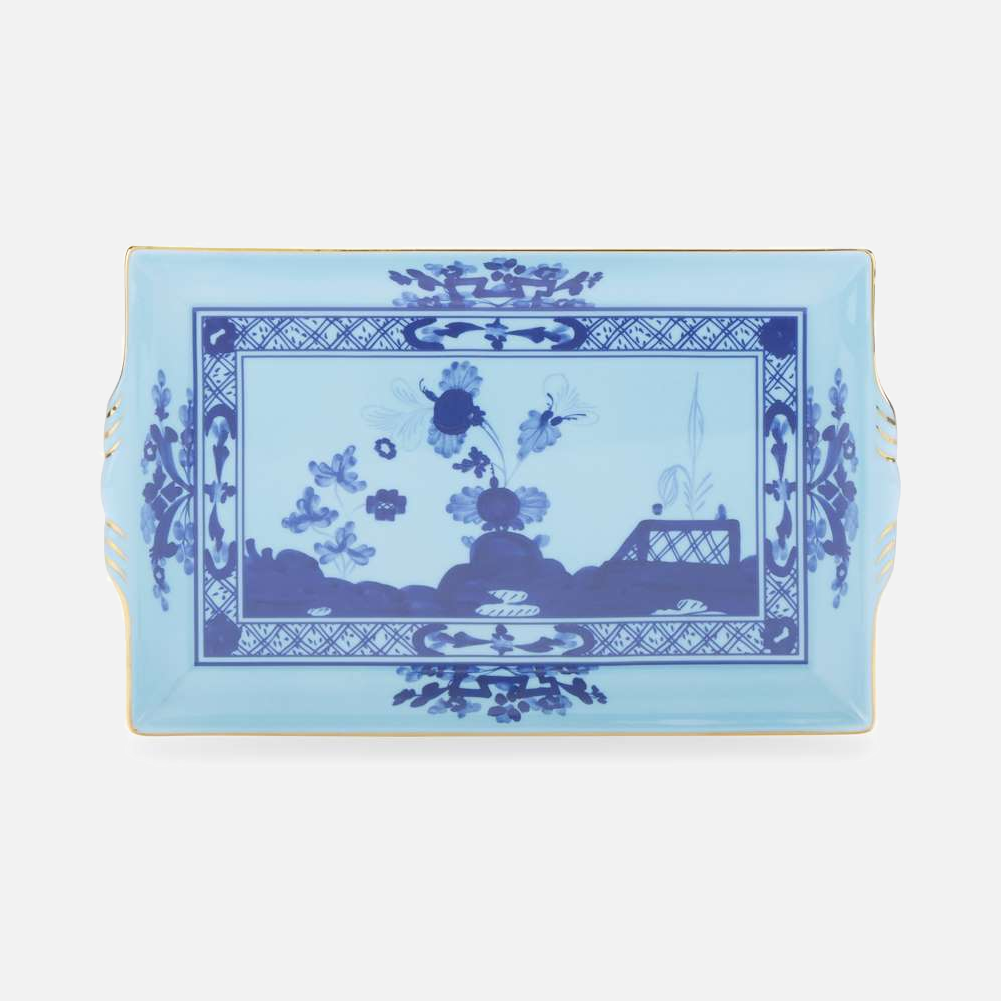Oriente Italiano rectangular tray with handles in Iris, a turquoise blue porcelain tray with a hand-painted blue chinoiserie garden scene and gold trim.