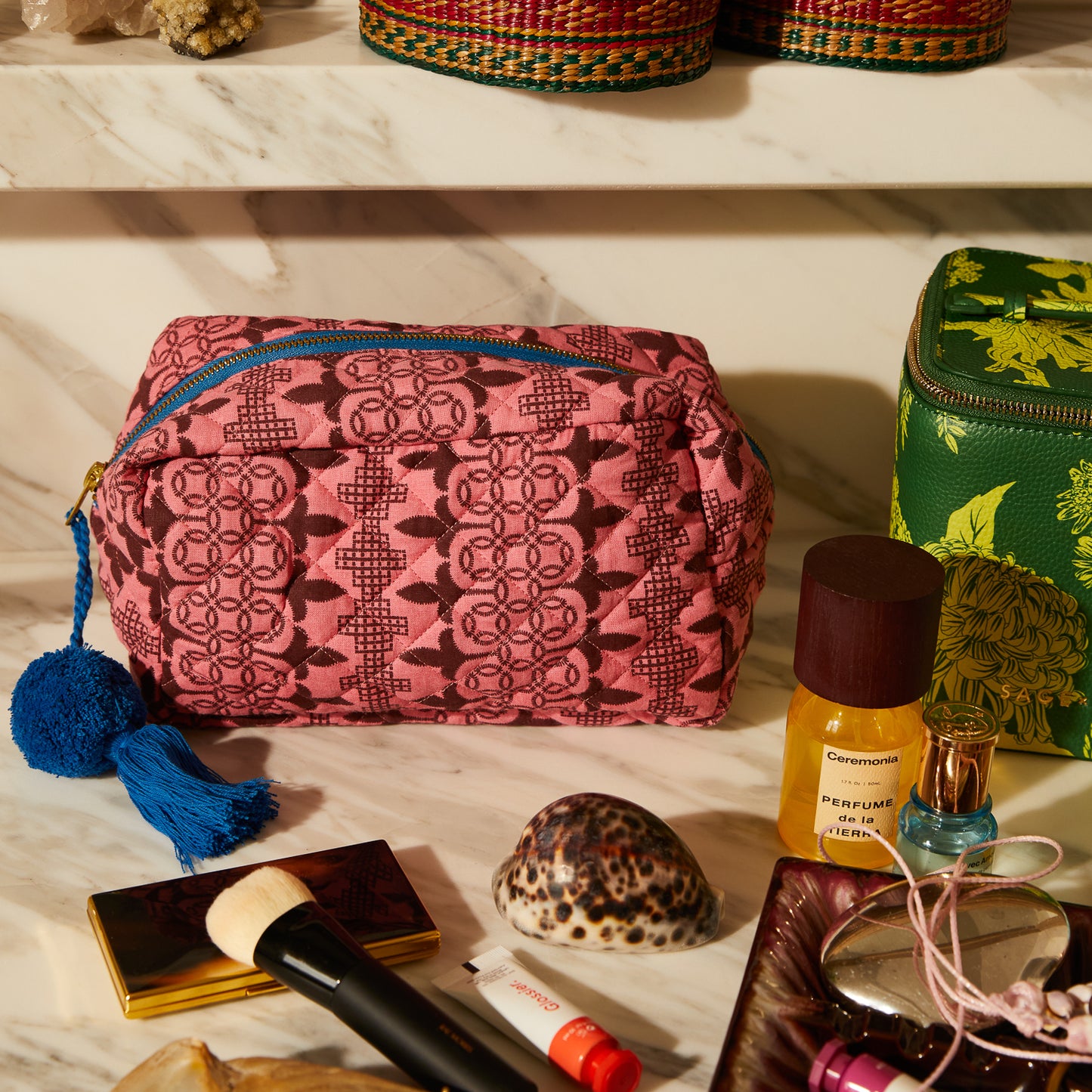 pink geometric makeup bag lifestyle