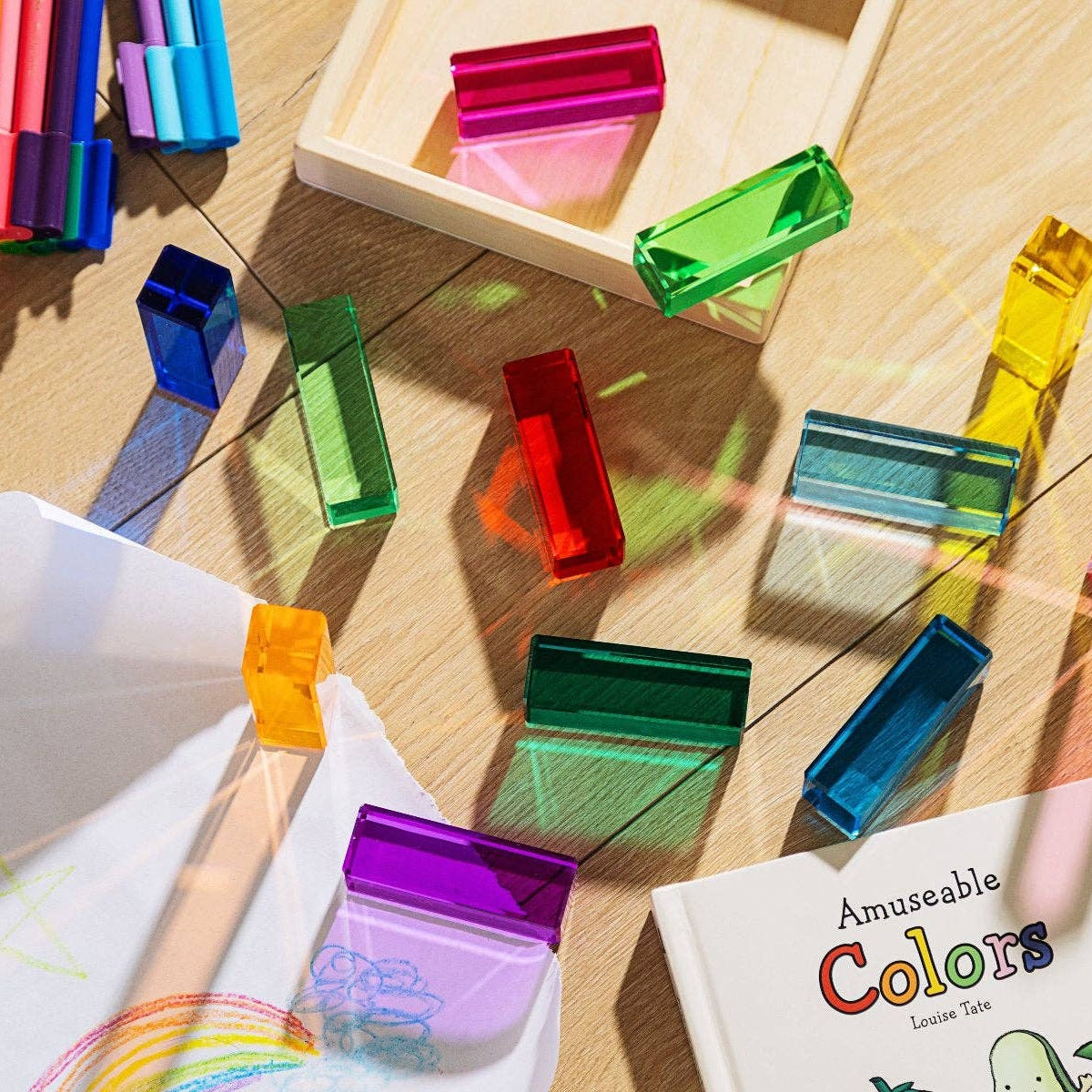 Noa Blocks colorful glass blocks flatlay