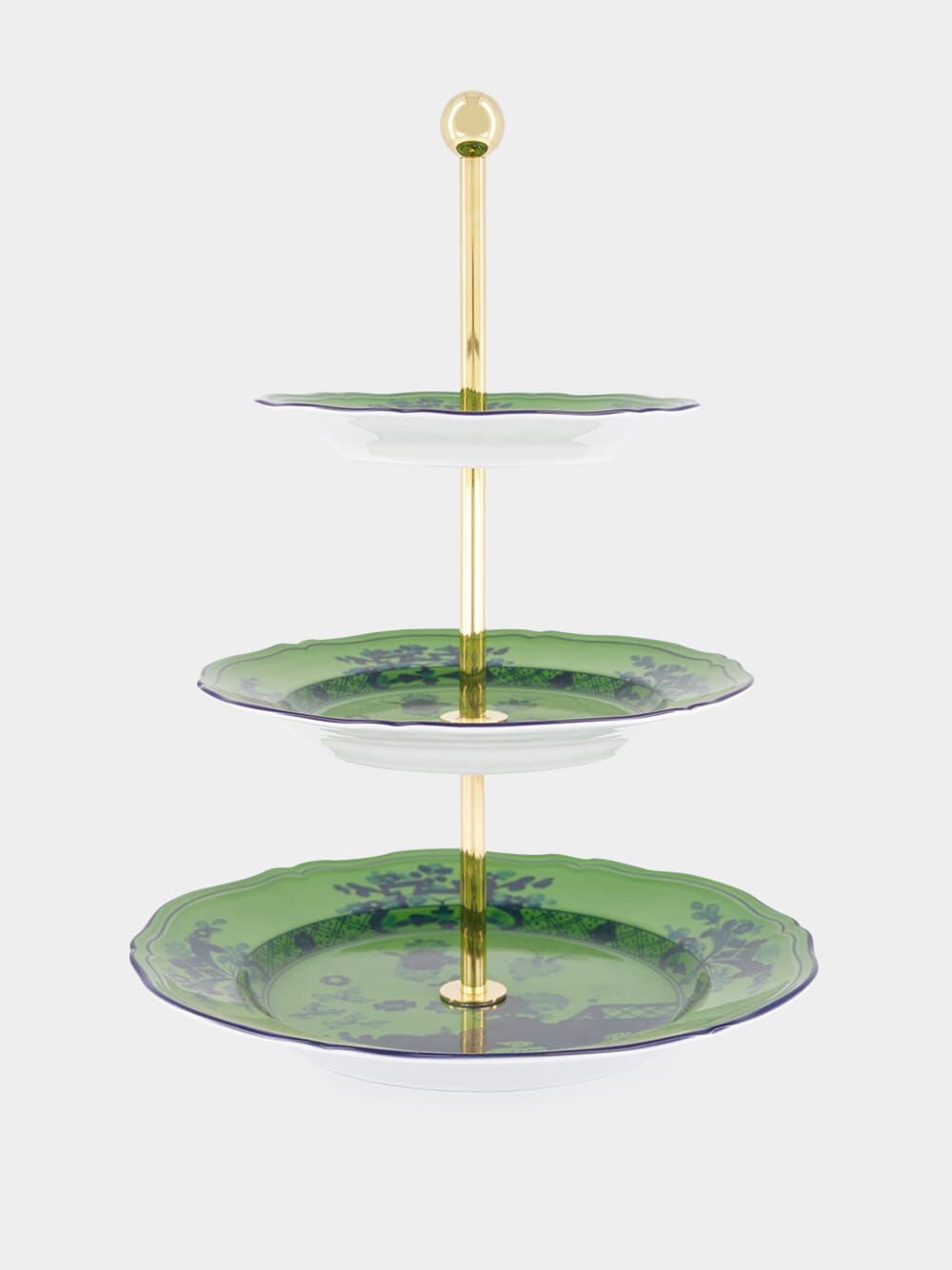 Ginori 1735 Oriente Italiano 3-tier serving stand in Malachite green with blue hand-painted chinoiserie pattern