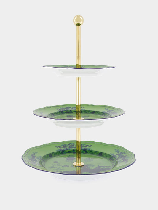 Ginori 1735 Oriente Italiano 3-tier serving stand in Malachite green with blue hand-painted chinoiserie pattern