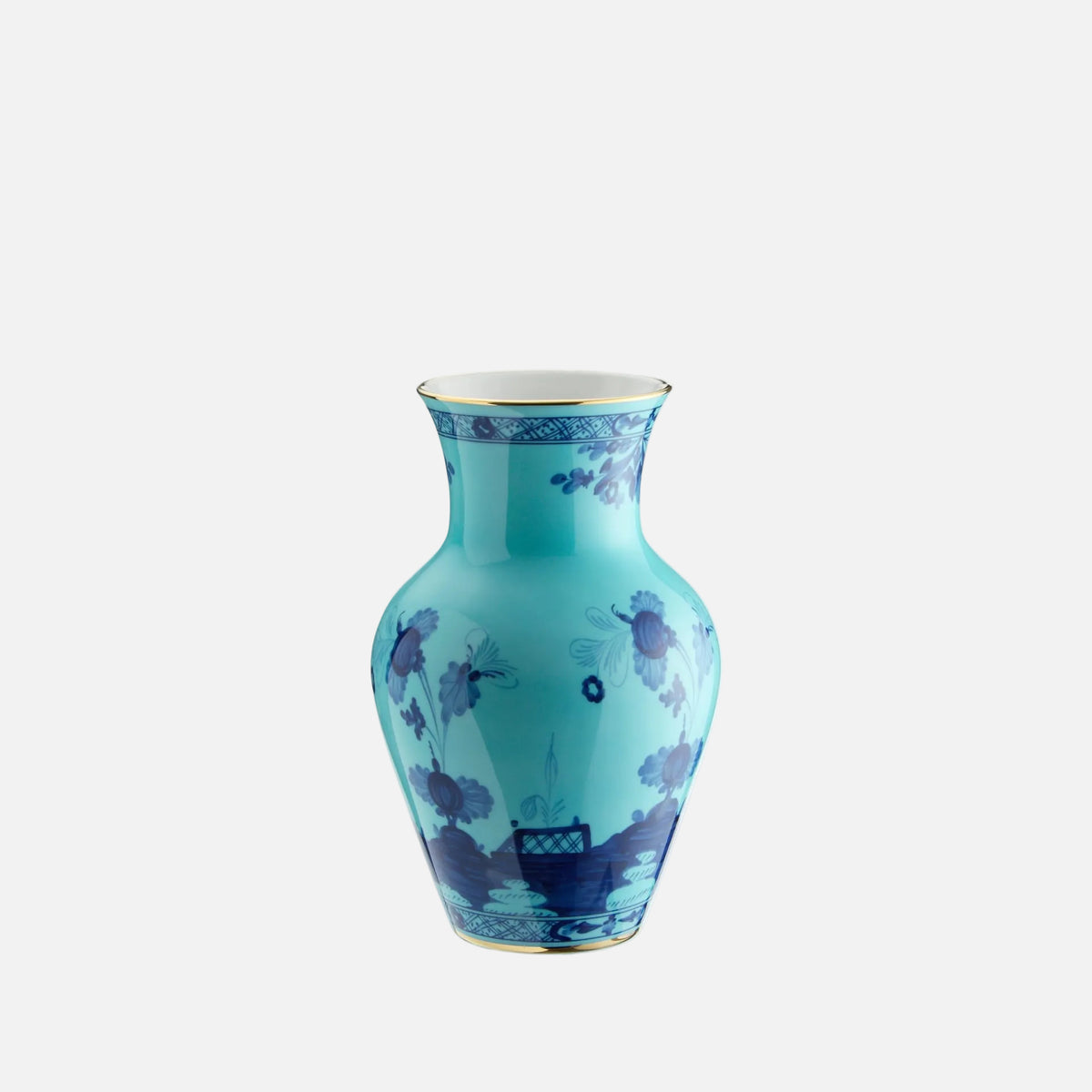 A turquoise blue ceramic vase with a blue floral and landscape pattern, featuring a gold-trimmed rim and base, set against a plain white background.