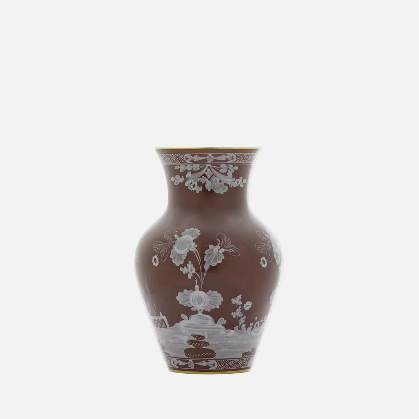 A brown ceramic vase with white floral and landscape illustrations, shown against a plain white background.