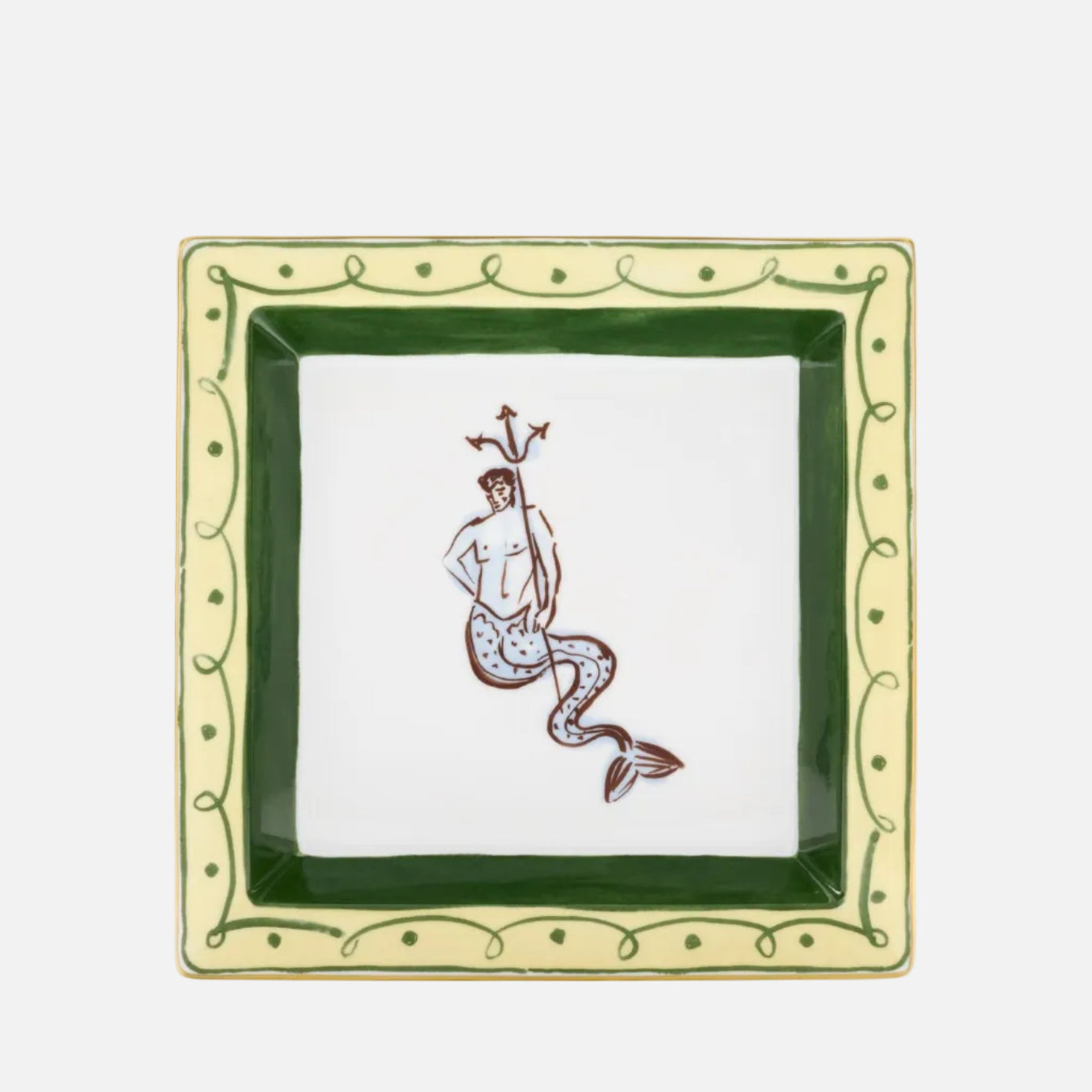 A square ceramic dish featuring a white center with a brown line-art illustration of a mermaid, surrounded by a dark green inner border and a light green outer border with decorative leaf and dot patterns.