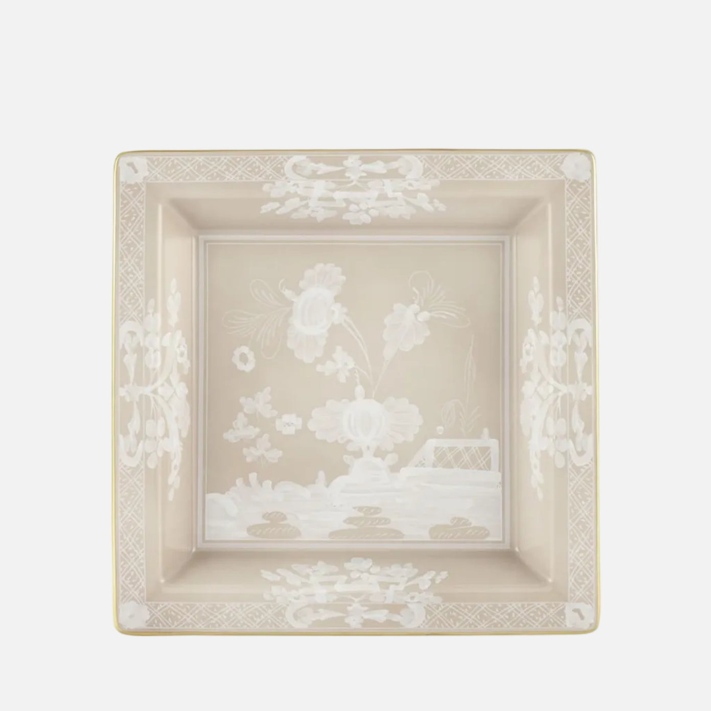 A square ceramic dish with a beige and white chinoiserie design, featuring delicate floral and landscape motifs with a gold-toned rim, set against a plain white background.