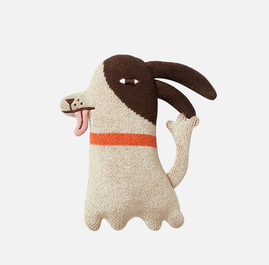 Knitted dog toy with brown ears and beige body on a white background
