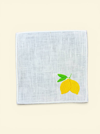 Lemons Embroidered Linen Cocktail Napkins - Set of 4: White hem