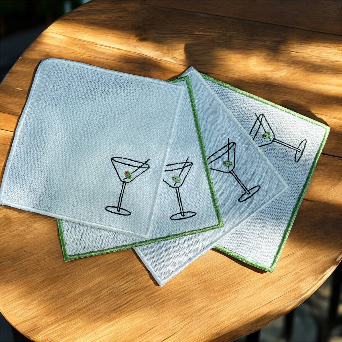 Martini Olive Embroidered Linen Cocktail Napkins - Set of 4: Green hem