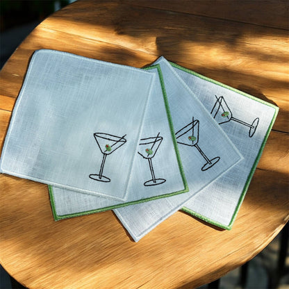 Martini Olive Embroidered Linen Cocktail Napkins - Set of 4: Green hem