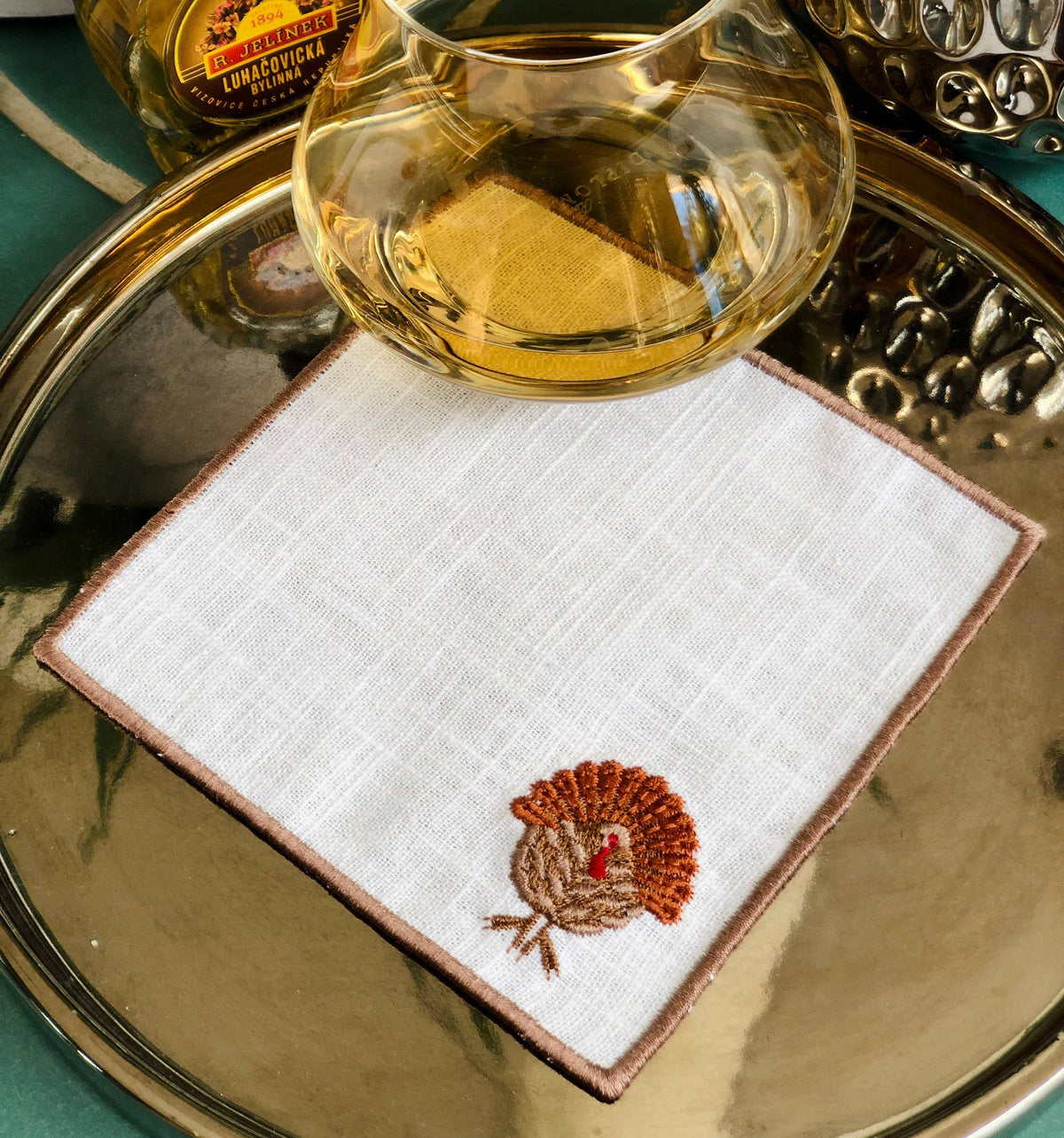 Set of 4 Thanksgiving Embroidered Turkey Cocktail Napkins: Light brown hem