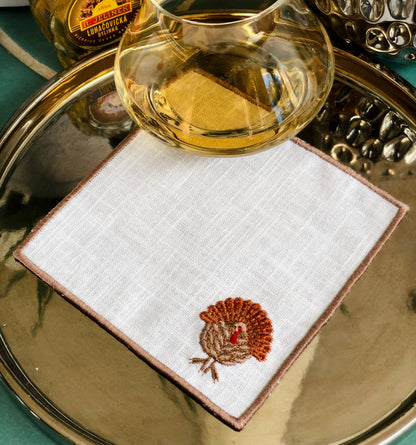 Set of 4 Thanksgiving Embroidered Turkey Cocktail Napkins: Light brown hem