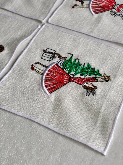 Vintage Retro Christmas Girl Linen Cocktail Napkins - 4 : Lady with dog
