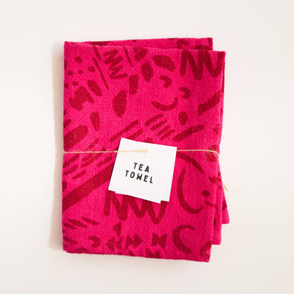 Tea Towel - Dashes & Moons - Brick - Hot Pink