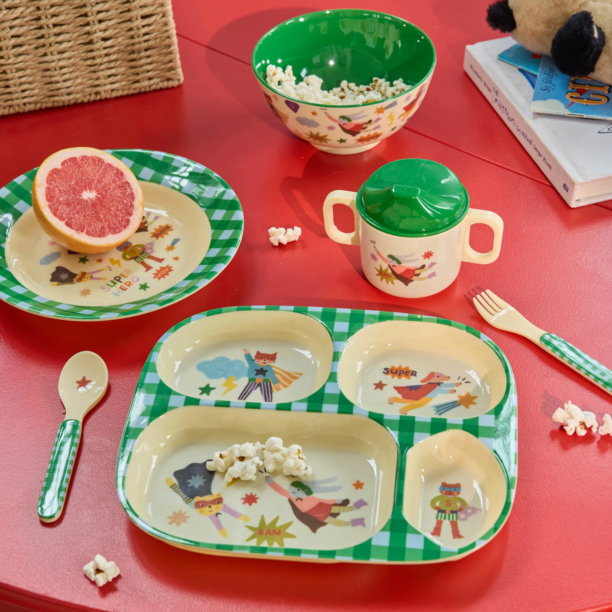 Melamine Baby Dinner Set in Giftbox - Hero Print - Green - 4 pcs