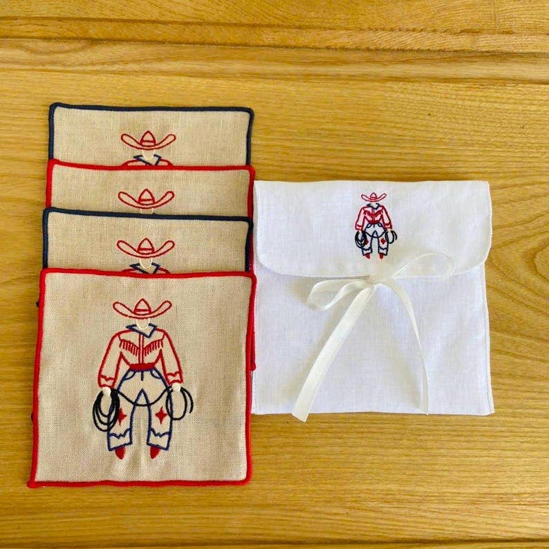Cowboy Embroidered Linen Cocktail Napkins – Set of 4: Red hem