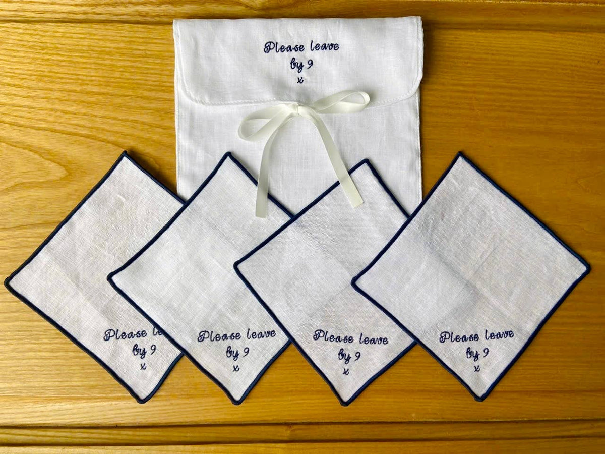 Please Leave By 9 Embroidered Linen Cocktail Napkins: 1. light blue