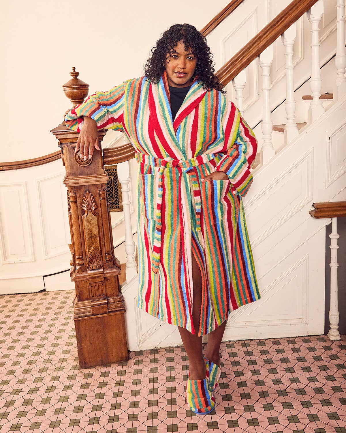 Butterfly Stripe Plush Cotton Terry Bathrobe: S