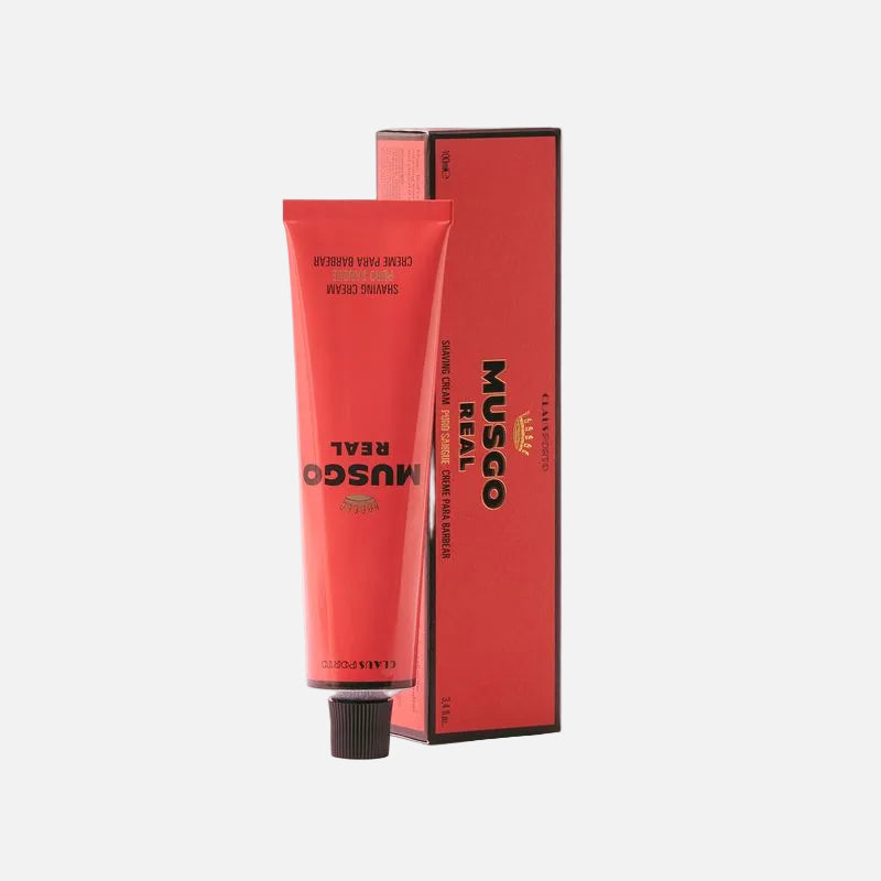 Musgo Real shaving cream tube and packaging on a white background