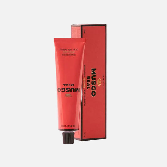 Musgo Real shaving cream tube and packaging on a white background