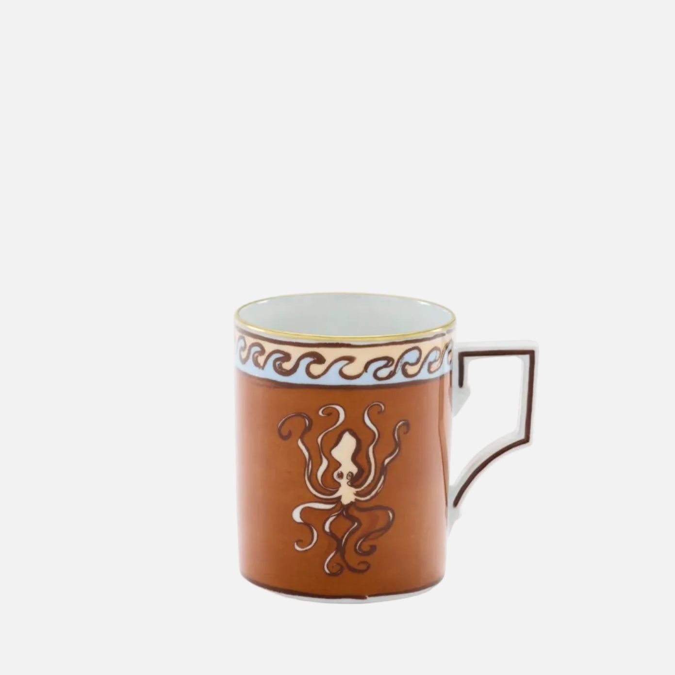 A brown ceramic mug with a gold octopus design on the front, a light blue band with gold scrollwork near the rim, and a gold handle, shown on a white background.