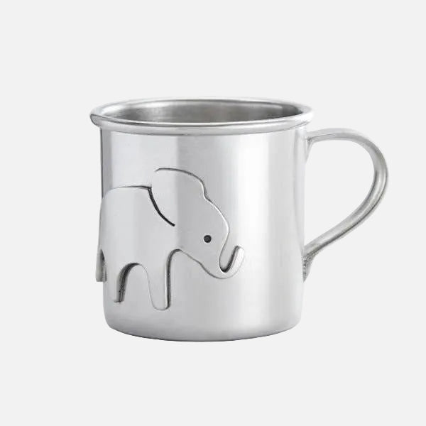 Silver mug with elephant design on a white background
