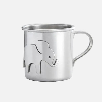 Silver mug with elephant design on a white background