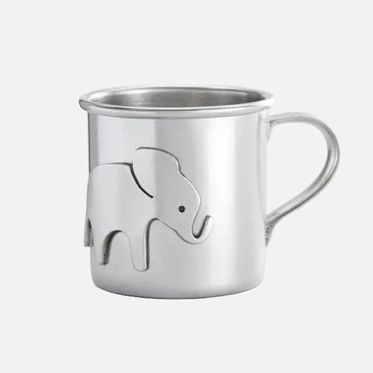 Silver mug with elephant design on a white background