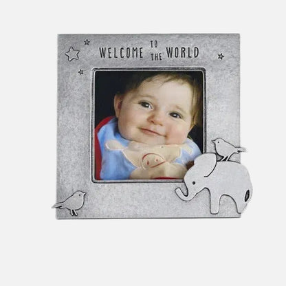 Baby photo frame with 'Welcome to the World' text and an elephant design on a white background