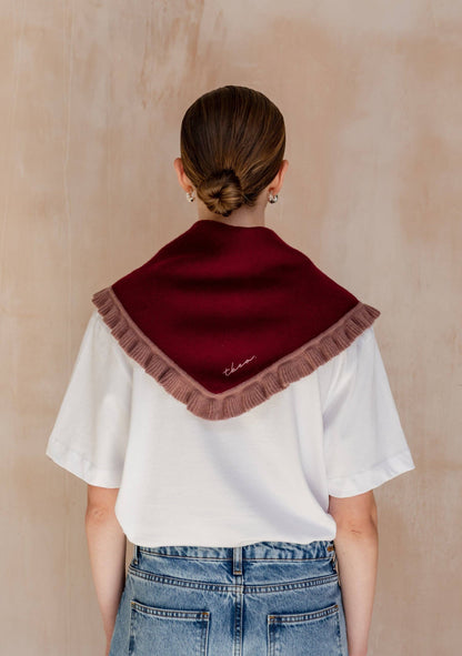 Merino Wool Triangle Scarf in Burgundy Ruffle