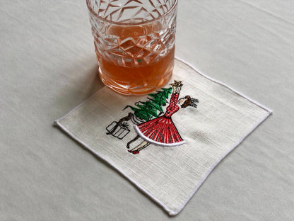Vintage Retro Christmas Girl Linen Cocktail Napkins - 4 : Lady with dog