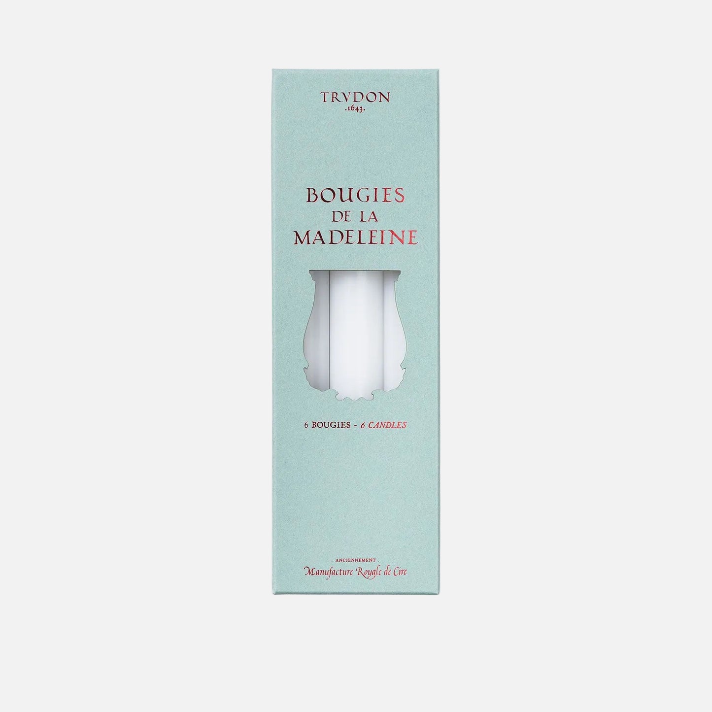 Trudon candle packaging with a light blue background