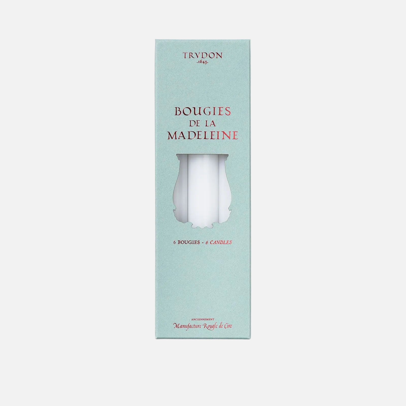 Trudon candle packaging with a light blue background