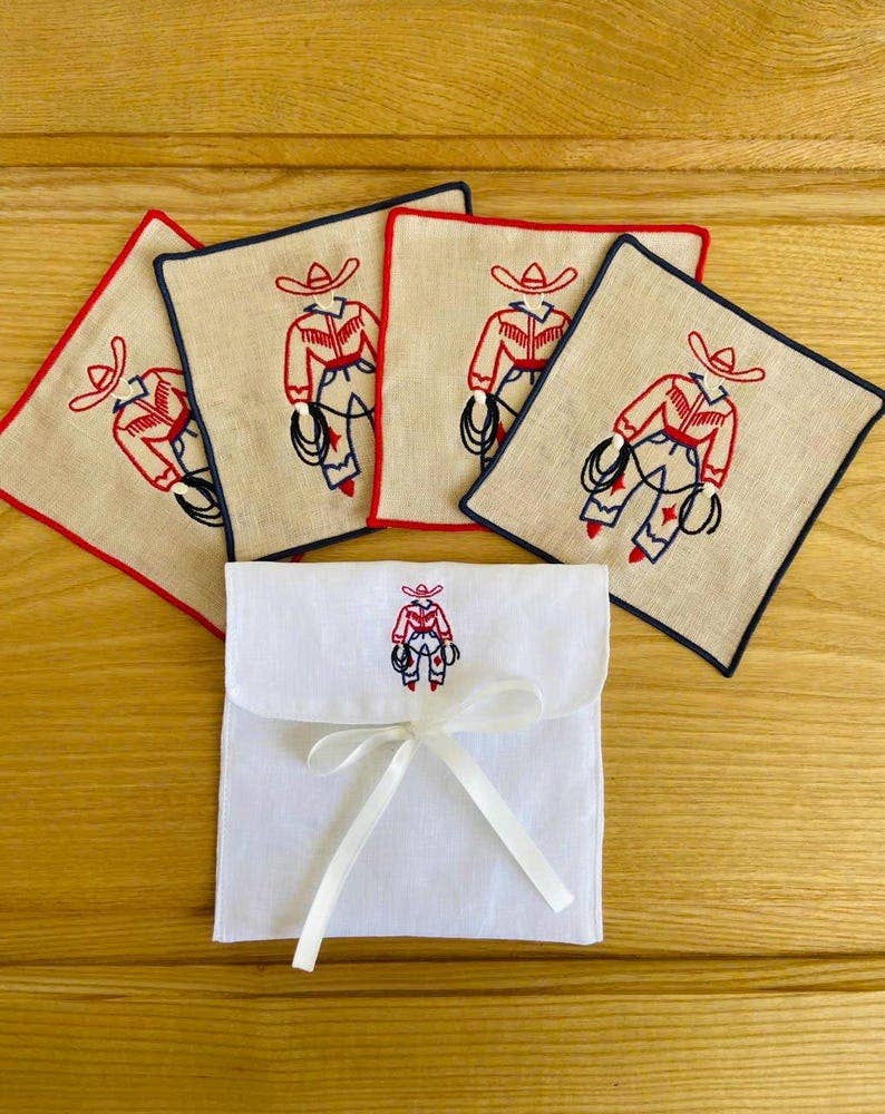 Cowboy Embroidered Linen Cocktail Napkins – Set of 4: Red hem