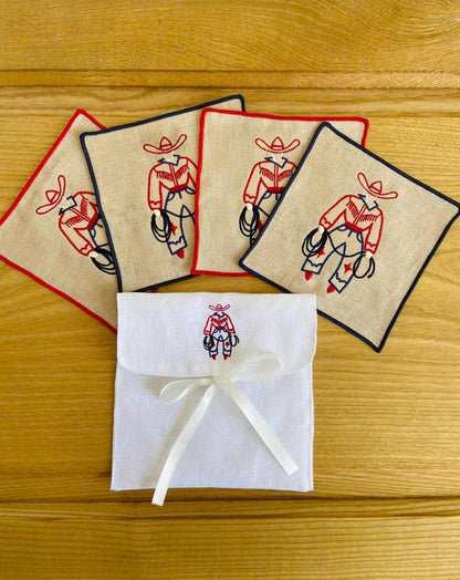 Cowboy Embroidered Linen Cocktail Napkins – Set of 4: Red hem